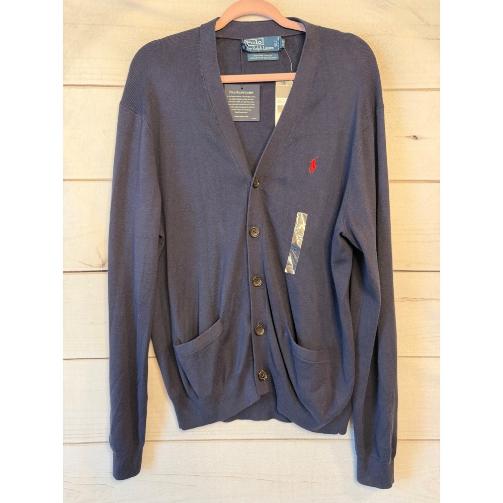 Polo Ralph Lauren Mens Navy Blue Pima Cotton V-Neck Cardigan Sweater Large NWT